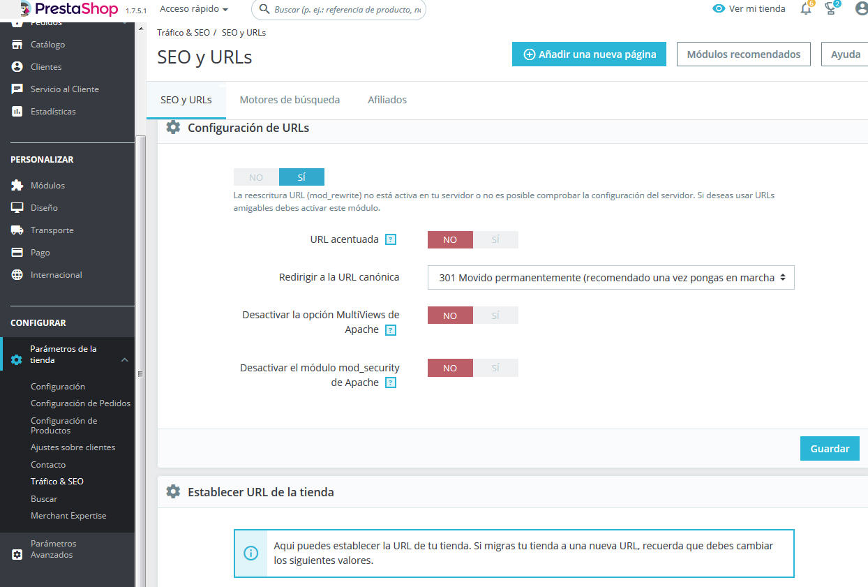 configurar seo prestashop 1.7